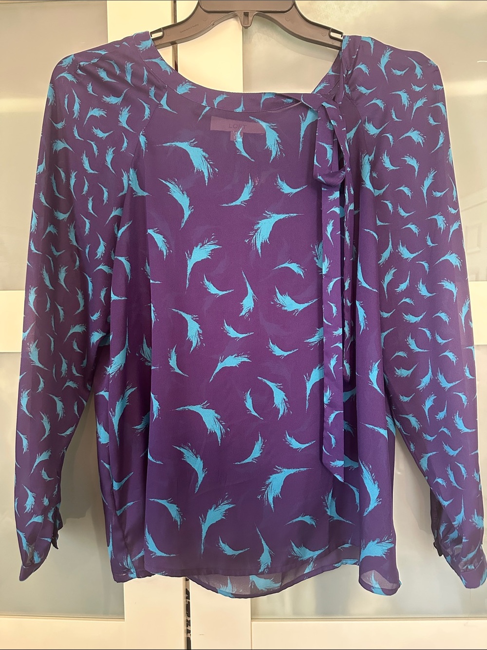 LOFT Purple Blouse with Turquoise Feather Print and Tie Neck